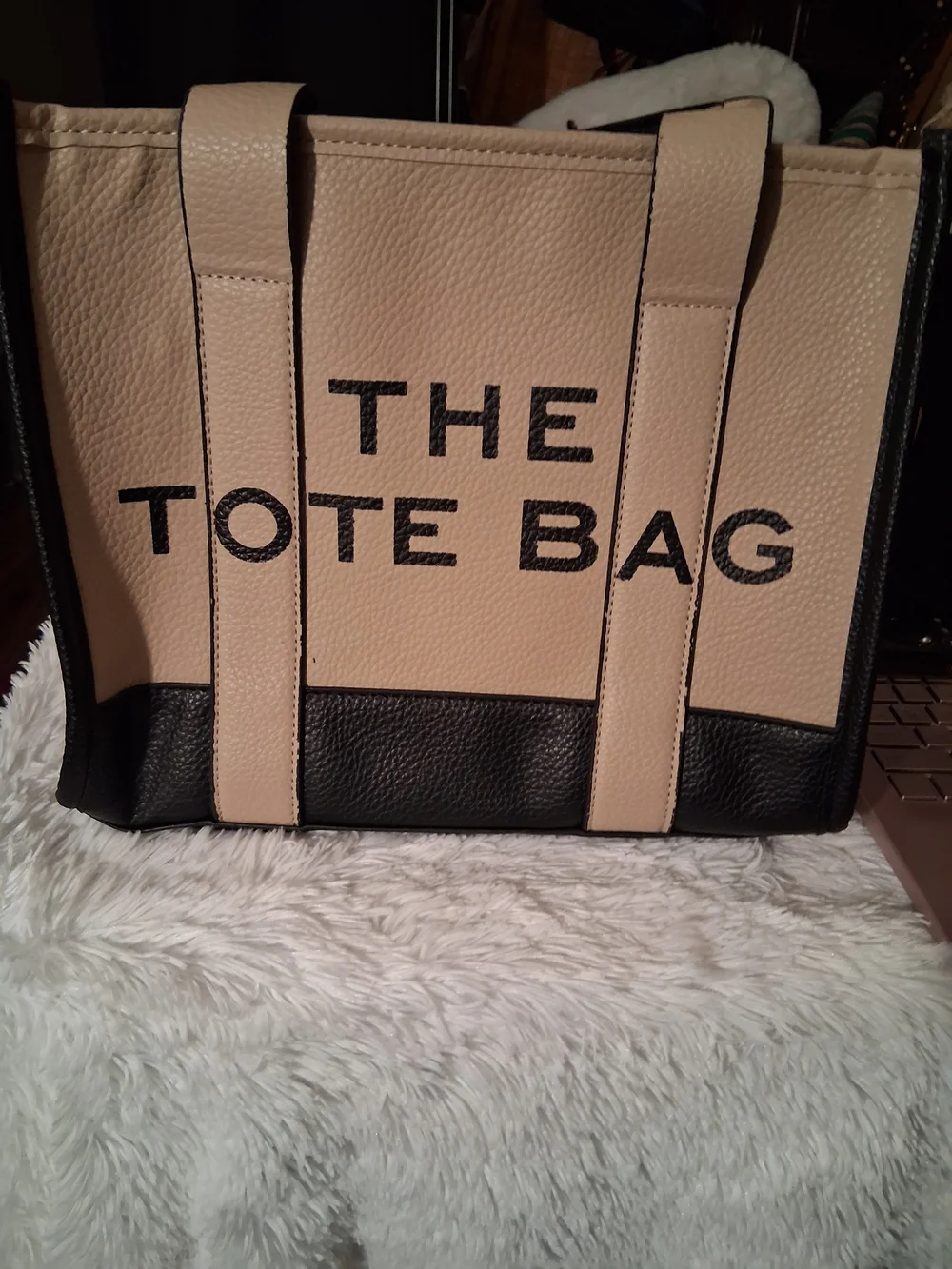 Beige and Black The Tote Bag – Women Leather Tote Long Strap Is Missng